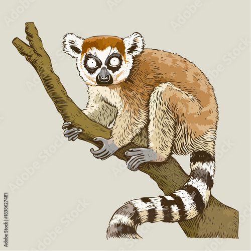 A ring-tailed lemur perched on a tree branch viewed from a slight angle