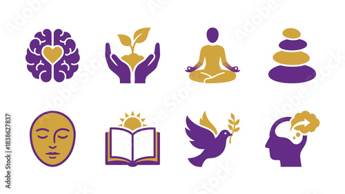Set of Icons Representing Self Care Growth Mindfulness and Well being Concepts