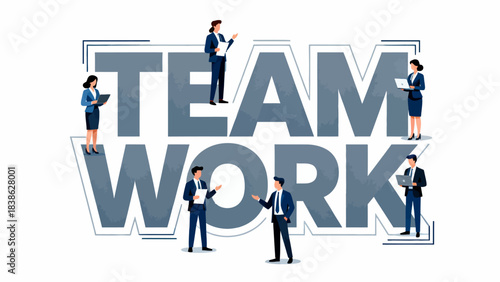 This vibrant corporate illustration features large "TEAM WORK" text surrounded by professionals to visually represent collaboration, productivity, and unity in a workplace setting.