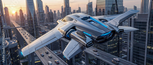 近未来の都市上空を飛行するメタリックデザインのエアカーが高速移動する未来交通コンセプト｜エアカー,未来都市,空飛ぶ車,テクノロジー,飛行
