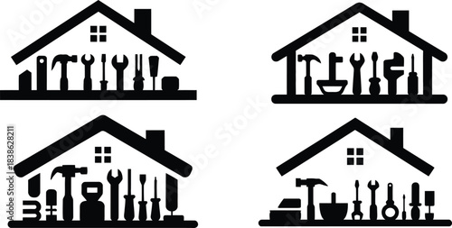 Set of four house icons with various tools inside for home repair and maintenance concepts