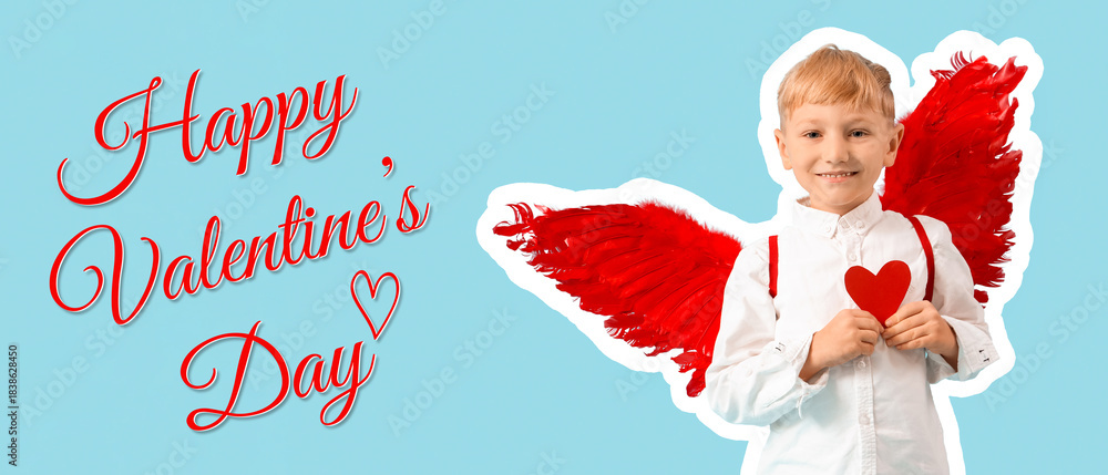 Naklejka premium Cute little happy boy dressed as cupid with paper heart on blue background. Valentine's Day celebration