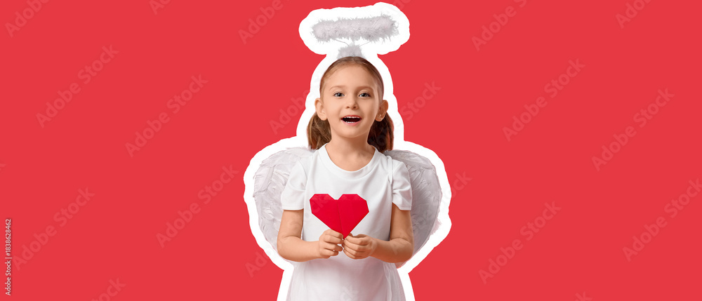 Naklejka premium Cute little girl dressed as Cupid with heart made of paper on red background. Valentine's Day celebration