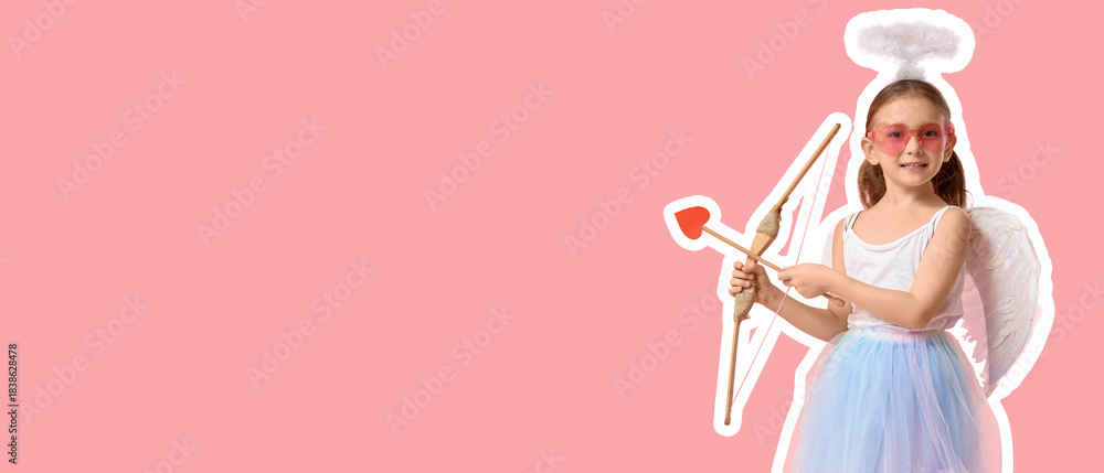Naklejka premium Cute little girl dressed as Cupid with arrow and bow on pink background. Valentine's Day celebration