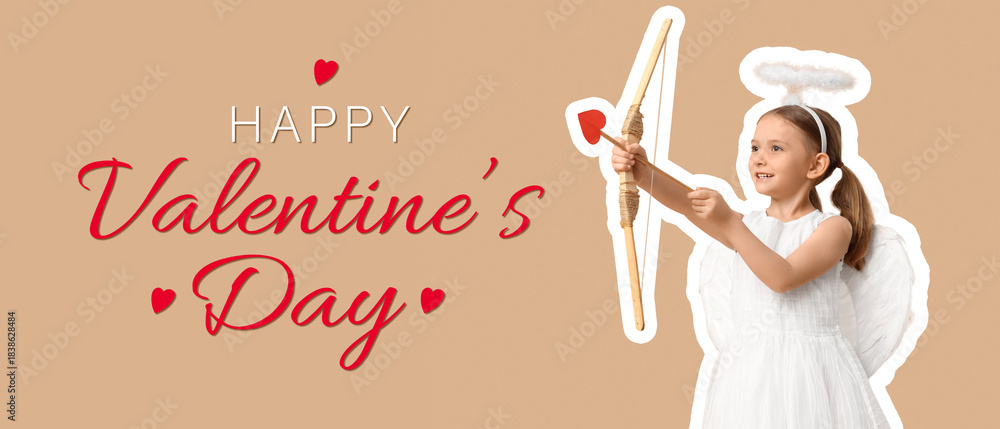 Naklejka premium Cute little girl dressed as Cupid with arrow and bow on brown background. Valentine's Day celebration