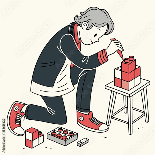 Cartoon boy building blocks construction illustration