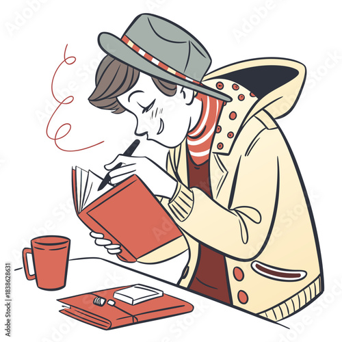 Cartoon character writing in a journal with coffee nearby