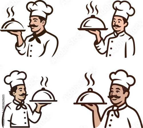 Set of four chef icons serving cloche food