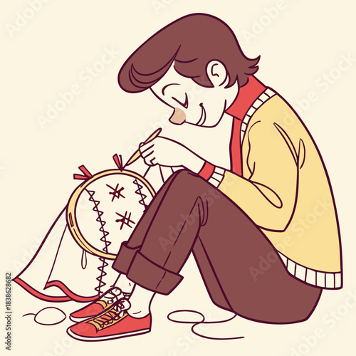 Cartoon person embroidering fabric with needle and thread