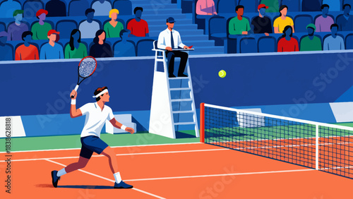 This vibrant illustration shows a tennis player hitting a ball on a grass court, with a cheering crowd in the stadium stands, capturing the sport’s dynamic, energetic atmosphere.