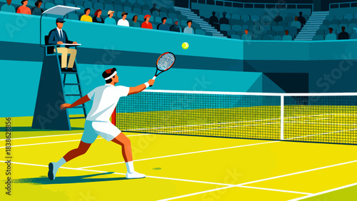 This vibrant illustration shows a tennis player hitting a ball on a grass court, with a cheering crowd in the stadium stands, capturing the sport’s dynamic, energetic atmosphere.