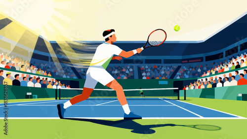 This vibrant illustration shows a tennis player hitting a ball on a grass court, with a cheering crowd in the stadium stands, capturing the sport’s dynamic, energetic atmosphere.