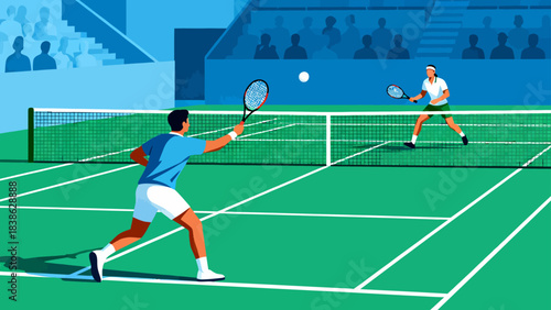 This vibrant illustration shows a tennis player hitting a ball on a grass court, with a cheering crowd in the stadium stands, capturing the sport’s dynamic, energetic atmosphere.