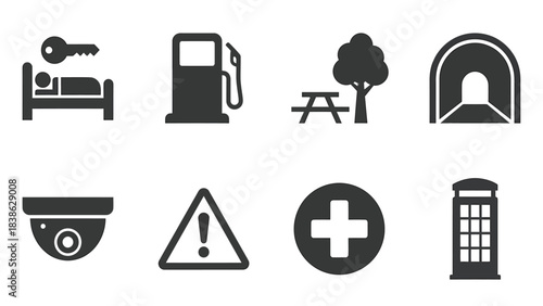 Set of Everyday Service Icons Accommodation Fuel Recreation Transport Security Warning Medical Communication Vector Graphics