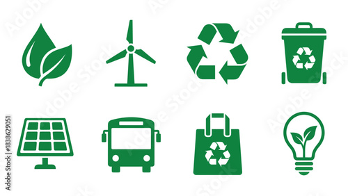 Collection of Green Eco Friendly Icons Representing Sustainability and Renewable Energy Solutions