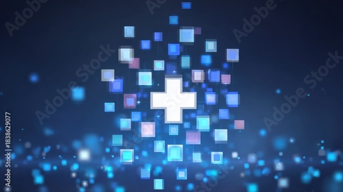 Futuristic medical technology background with white cross symbol surrounded by blue, cyan and purple geometric squares and bokeh light effects on dark backdrop. Digital healthcare innovation concept.