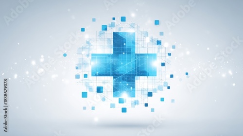 Modern medical cross symbol made of blue geometric squares and lines.