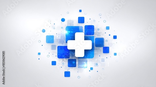 Modern medical healthcare background with white cross symbol surrounded by blue geometric squares and circles on clean white backdrop. Professional medical technology concept for health services.
