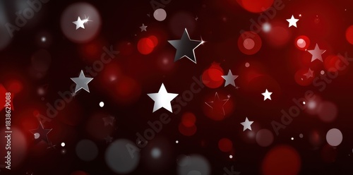 Festive holiday celebration background with red backdrop, white and silver stars, and beautiful bokeh light effects. Christmas and New Year festive atmosphere with sparkling stars.