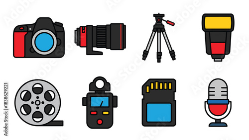 Professional Photography and Videography Equipment Icons Set Digital Camera Lens Tripod Flash Film Reel Memory Card Microphone