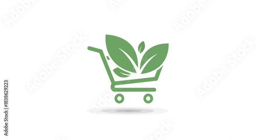 Minimalist green shopping cart icon filled with fresh leaves representing organic and natural products.