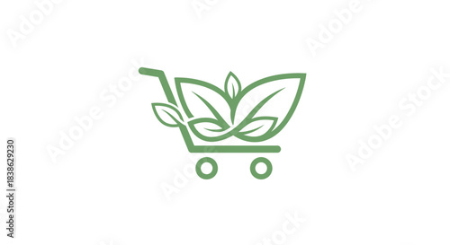 Green Leafy Shopping Cart Logo Representing EcoFriendly Grocery Shopping.