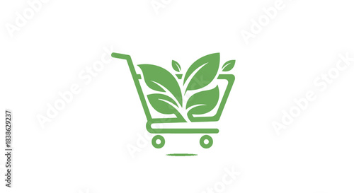 Green Shopping Cart Filled with Leaves Logo Design Concept.