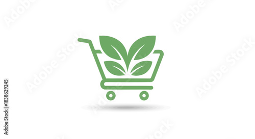 Green shopping cart icon with fresh leaves symbolizing organic ecofriendly market.