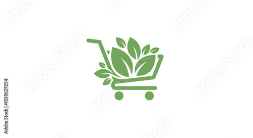 Green Shopping Cart Filled with Leaves EcoFriendly Concept Flat Design.