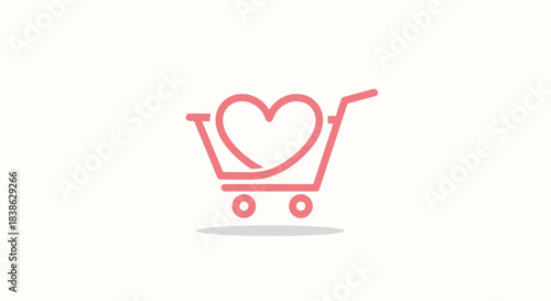 Modern pink shopping cart icon with a heart symbol representing love for shopping.