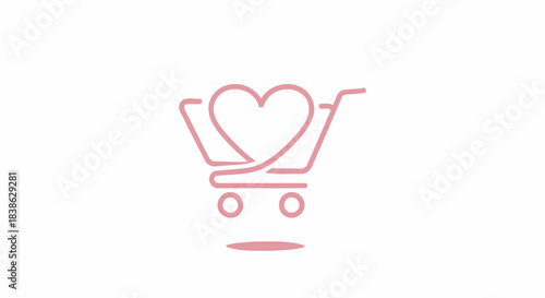 Minimalist pink line art icon of a shopping cart with a heartshaped basket.