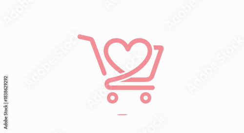 Stylized pink shopping cart icon with a large heart and a simple neutral face.