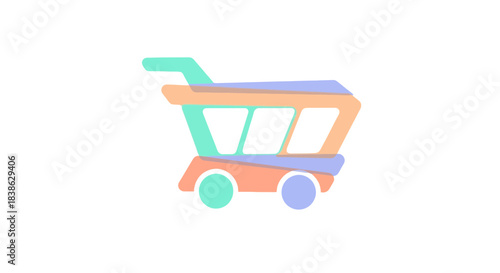 Pastel Shopping Cart Icon with Teal Handle and Wheels Peach and Blue Body.