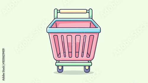 A cute empty cartoon shopping cart in pastel pink and blue shown from a direct front view.