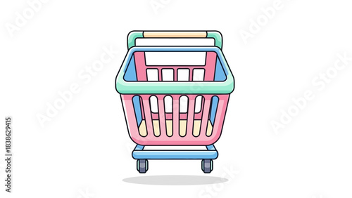 Vibrant cartoon shopping cart illustration with pink blue and green details front view retail icon.