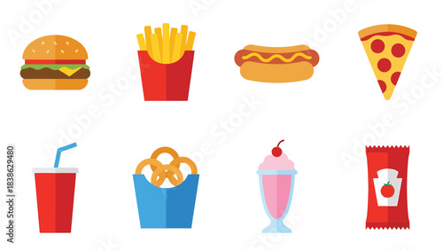 Vibrant Collection of Popular Fast Food Items and Drinks Vector Graphic