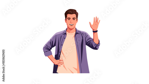 Smiling young man in purple shirt and white t shirt waving hello with hand gesture standing against black background wearing wristwatch on wrist in pixel art style