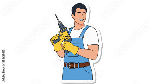 Smiling Carpenter Man In Blue Overalls And Yellow Gloves Holding A Power Drill And Looking To The Side In A Professional Manner