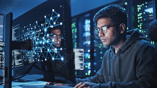 Young Male Programmer Working on Advanced Network Security in a Dark Server Room.