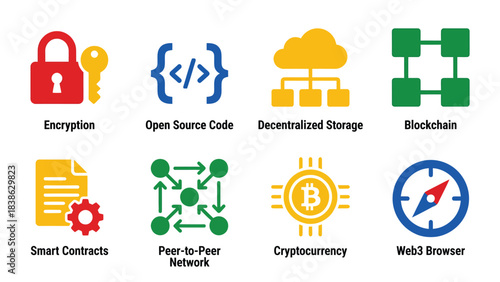 Digital Technology Icons Blockchain Encryption Cryptocurrency Web3 Smart Contracts Peer to Peer Open Source Cloud Storage