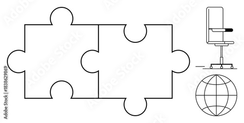 Teamwork, collaboration, problem-solving, global vision, workspaces, professional services. Minimalist puzzle pieces, an ergonomic chair and a globe outline. Teamwork and global vision concepts