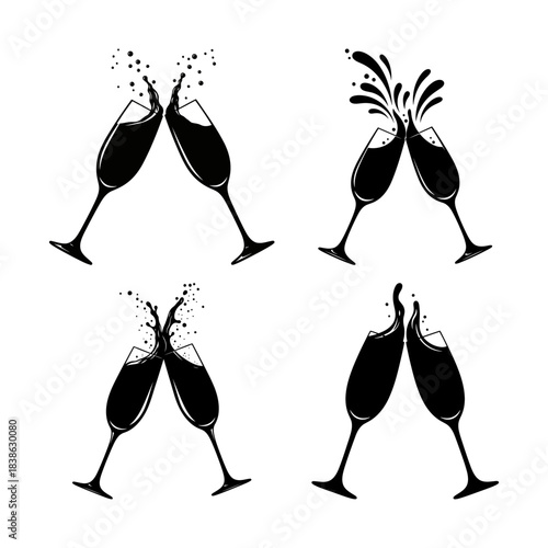 Clinking champagne glasses in elegant black silhouette for celebration themes