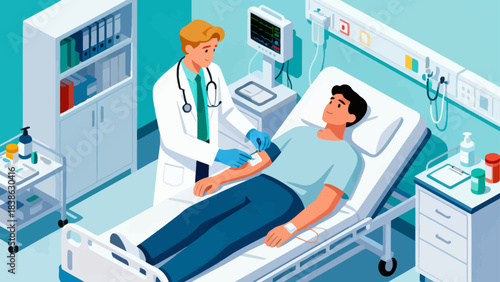 This isometric illustration shows a doctor checking a patient in a hospital room, with medical equipment, meds, and a monitor—depicting healthcare and patient care.
