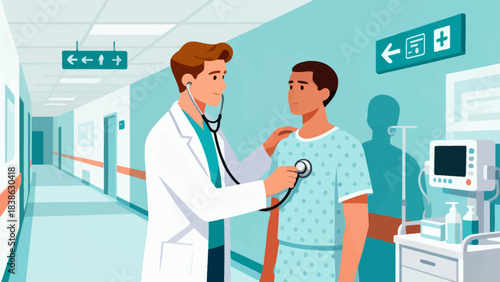 This isometric illustration shows a doctor checking a patient in a hospital room, with medical equipment, meds, and a monitor—depicting healthcare and patient care.