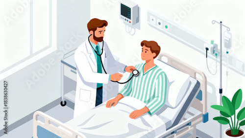 This isometric illustration shows a doctor checking a patient in a hospital room, with medical equipment, meds, and a monitor—depicting healthcare and patient care.