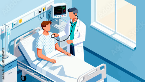 This isometric illustration shows a doctor checking a patient in a hospital room, with medical equipment, meds, and a monitor—depicting healthcare and patient care.