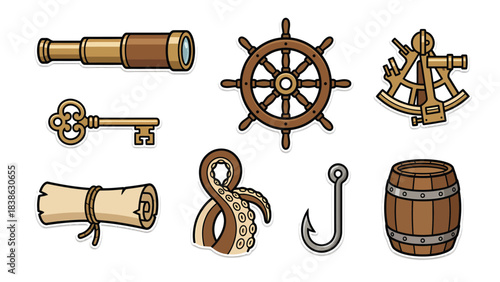Nautical Adventure Treasure Hunt Icons Spyglass Ship Wheel Key Scroll Tentacle Hook Barrel Sextant