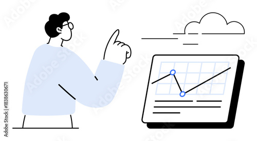 Person pointing at digital tablet displaying upward trends on a graph. Ideal for analytics, strategy, growth, education, presentation, performance, innovation. Clean simple flat metaphor