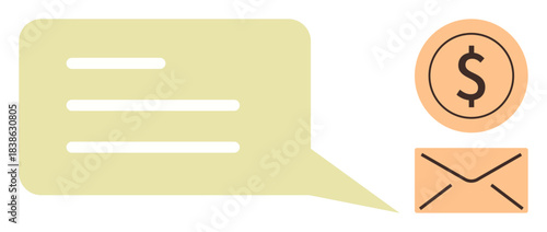 Speech bubble with text lines, dollar sign inside a circle, and closed envelope. Ideal for digital marketing, e-commerce, payments, communication, messaging customer support online shopping. Simple