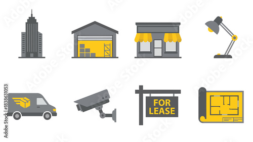 Set of Commercial Property and Business Icons Building Warehouse Shop Delivery Van Security Camera Signage Blueprint and Lamp
